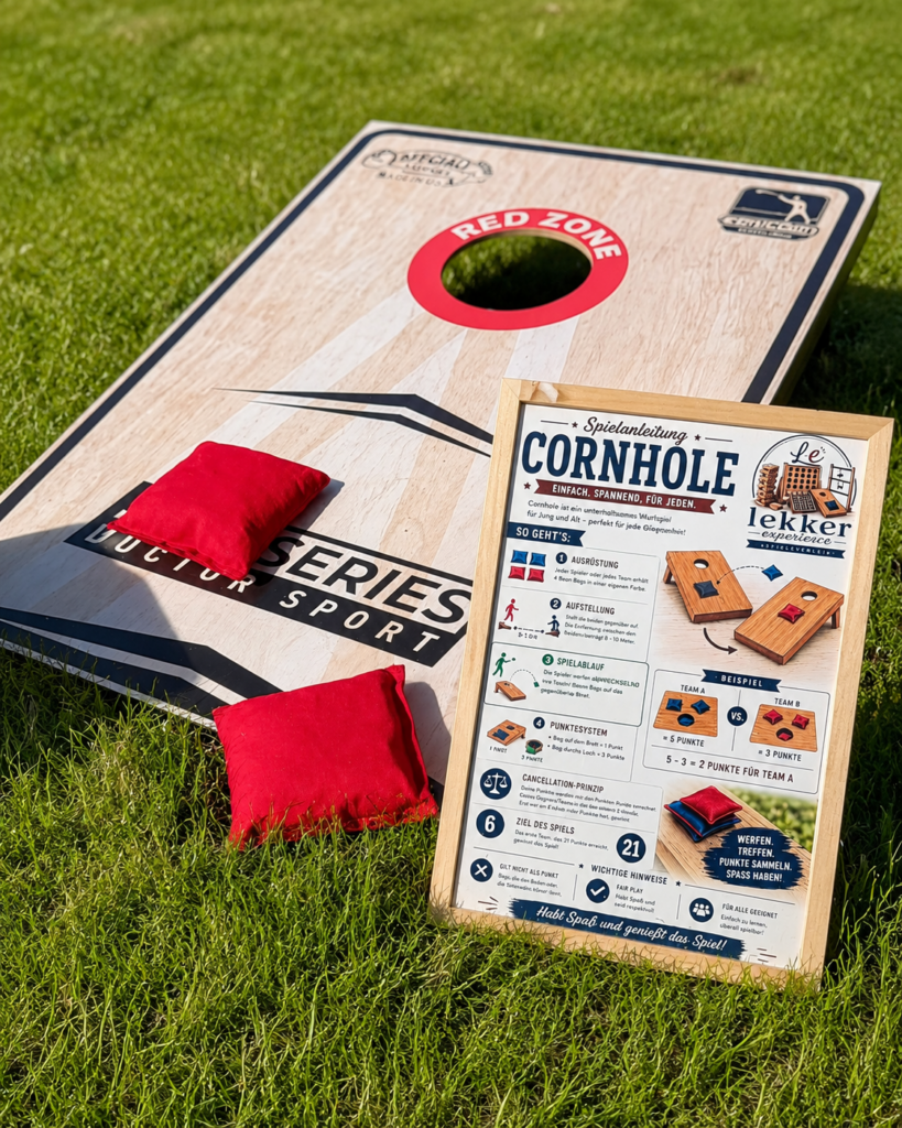 Cornhole Wurfspiel aus Holz auf einer Rasenfläche